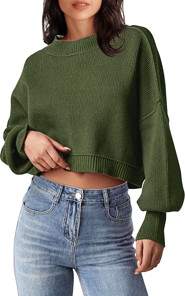 MEROKEETY Women's 2024 Crewneck Cropped Sweater Fall Batwing Sleeve Oversized Side Slit Ribbed Knit Pullover Jumper Tops