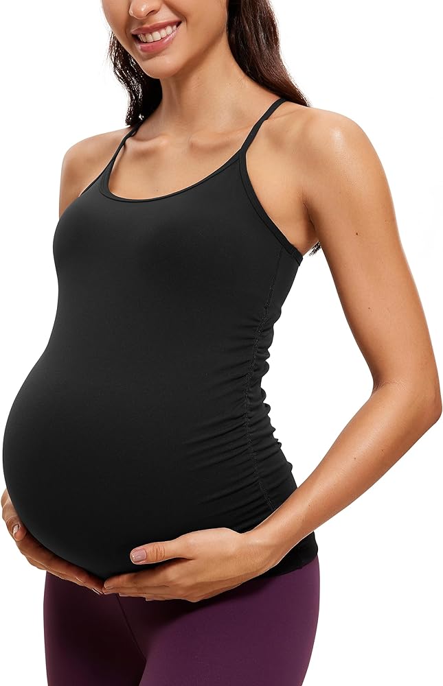 CRZ YOGA Butterluxe Y Back Maternity Tank Top for Women Ruched Pregnancy Basic Tops Sleeveless Athletic Yoga Shirts Camisole