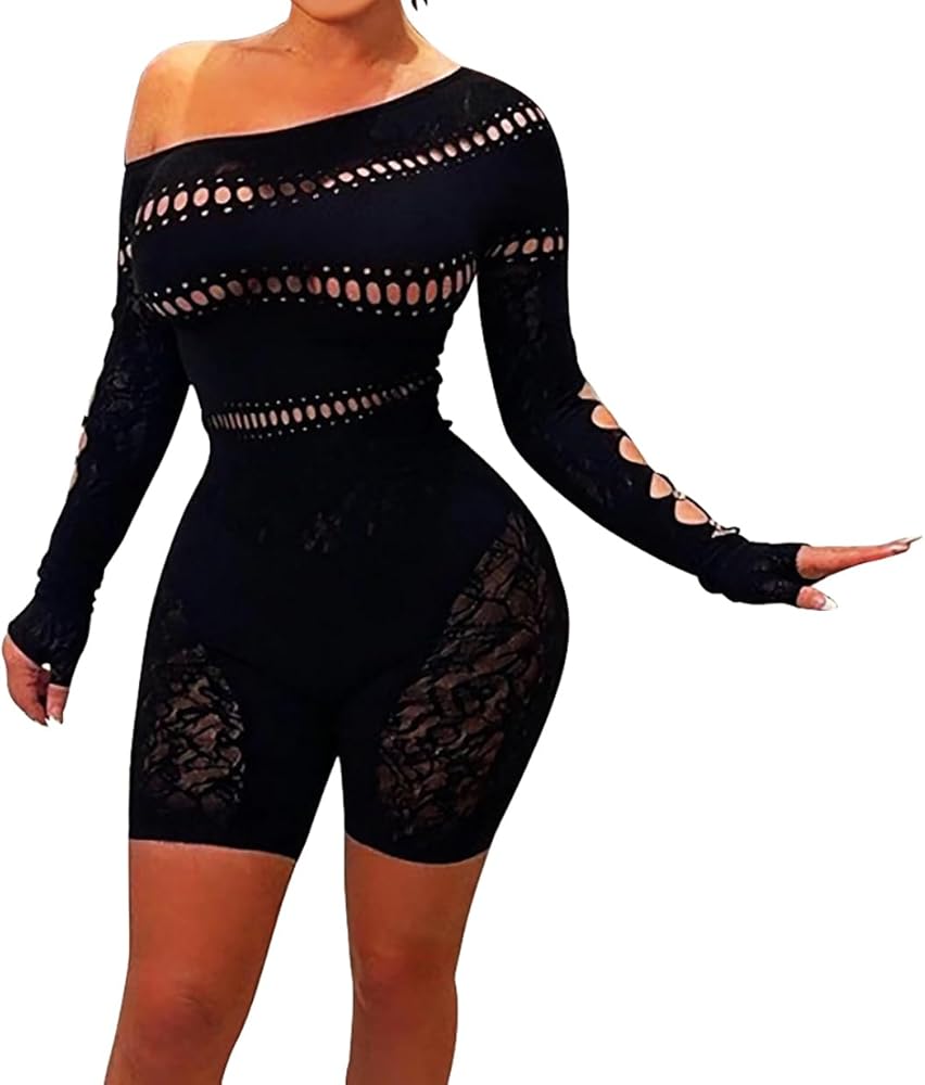 Black Club Outfits for Women Hollow Out Long Sleeve Mesh Lingerie Bodycon Fishnet Bodysuit Jumpsuit Romper Clubwear