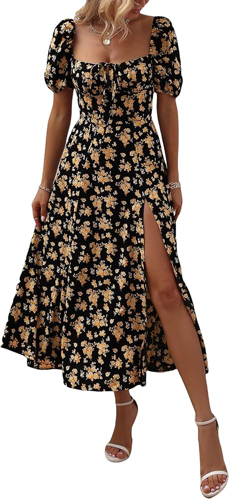 WDIRARA Women's Floral Print Tie Front Square Neck Short Sleeve Split Thigh Dress