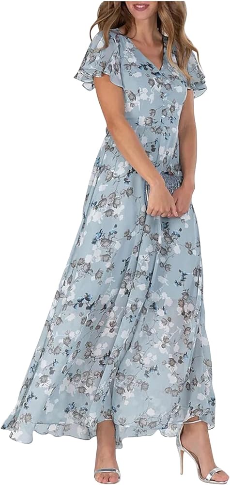 women's summer wedding guest dress chiffon boho floral ruffle short sleeve v neck casual flowy maxi sundress