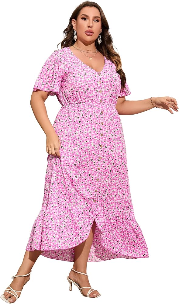 KOJOOIN Plus Size Summer Dress for women Short Bell Sleeve V Neck Button Ruffle Hem High Low Floral Maxi Dress