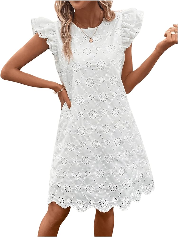 Floerns Women's Boho Eyelet Embroidery Solid Round Neck Ruffle Trim Cap Sleeve Summer Tunic Dress