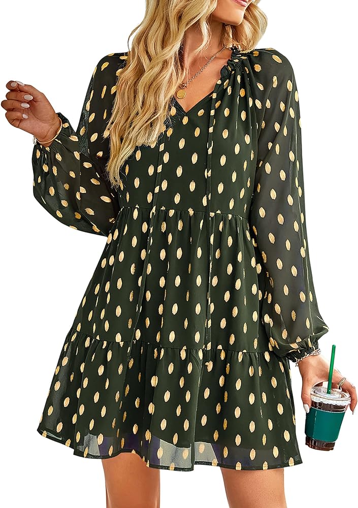 KIRUNDO Women's 2024 Fall Long Sleeve Gold Polka Dot Cute Babydoll Dress Casual V Neck Loose Tiered Flowy Mini Dress