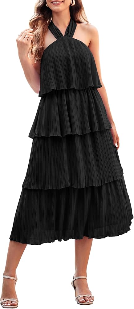 GRACE KARIN Summer Dresses for Women 2024 Halter Dresses Ruffle Tiered Layered Chiffon Flowy Swing Long Midi Dress