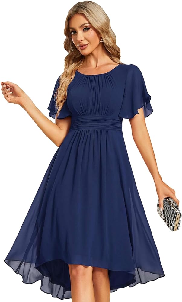 Ever-Pretty Women's Crew Neck Pleated Waist Short Sleeve Wedding Guest Dress Chiffon Bridesmaid Dresses 02053