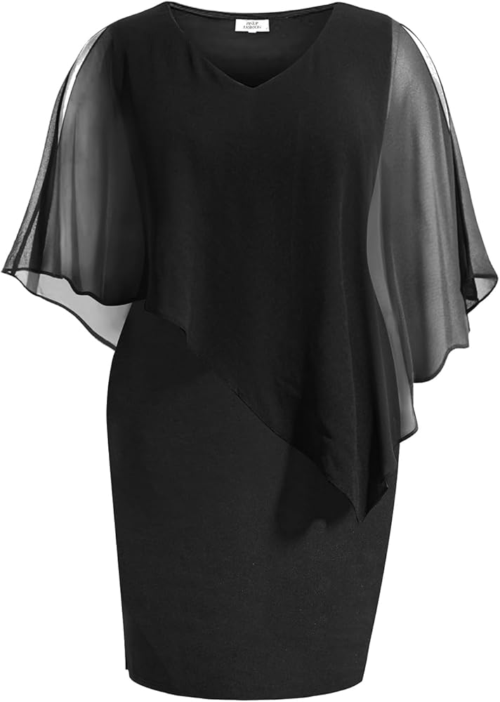 Pinup Fashion Women's Plus Size Cape Chiffon Dress Wedding Guest Cocktail Overlay Bodycon Party Pencil Dress 2024