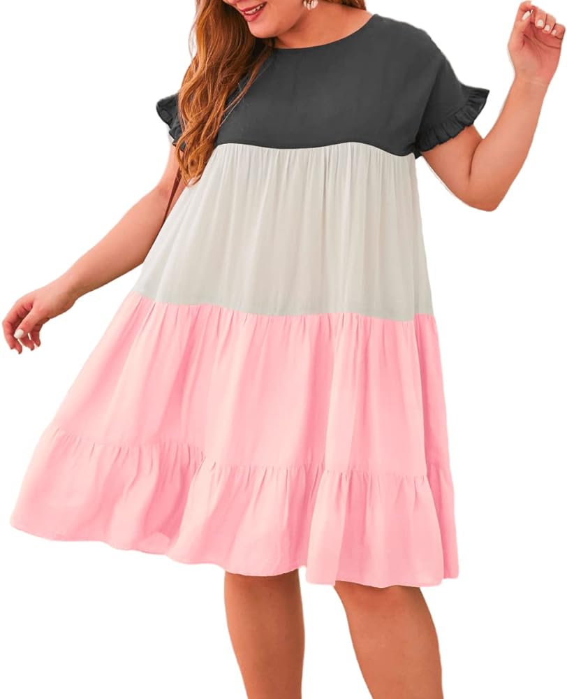 YOXUA Womens Plus Size Dress - Ruffle Short Sleeve Crewneck Color Block Loose Summer Beach Swing Dresses XL-4XL