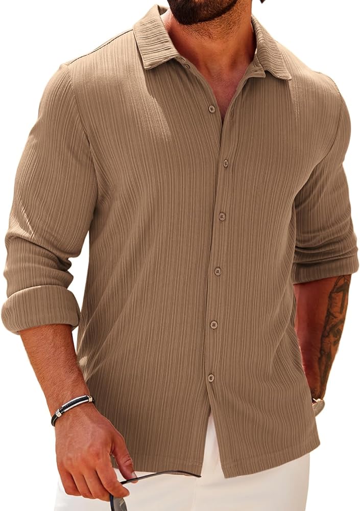 COOFANDY Athletic Fit Dress Shirts for Men Ribbed Knit Textured Button Down Shirts