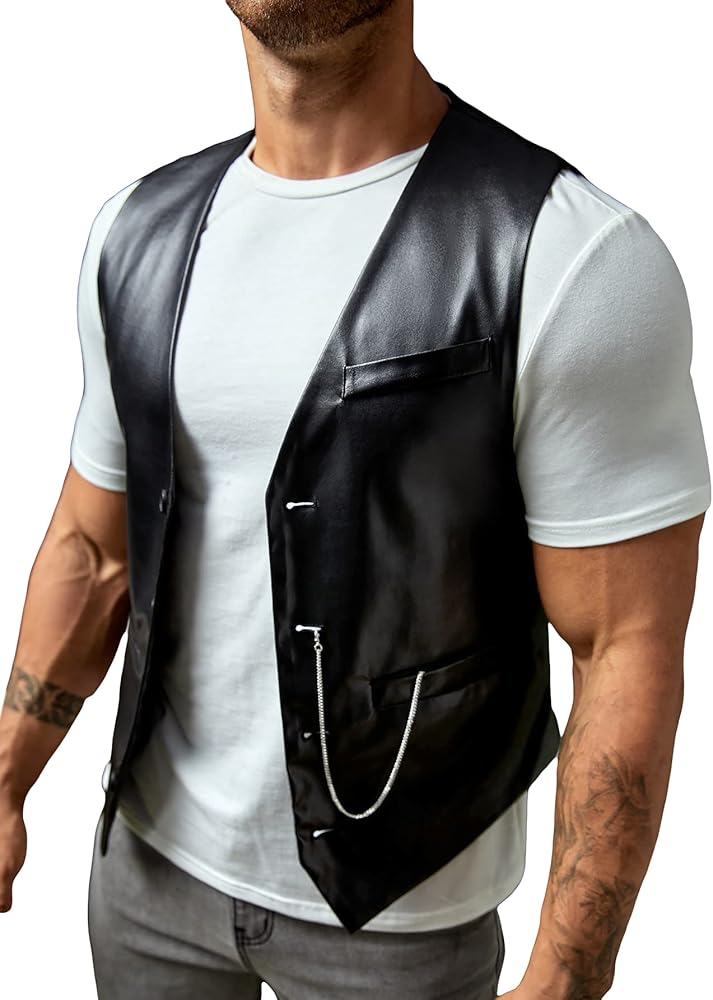 Verdusa Men's PU Leather Sleeveless Motorcycle Biker Vest Jacket