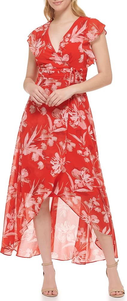 Jessica Howard Women's Style Hi Lo Maxi Ruffle Sleeve Printed Chiffon