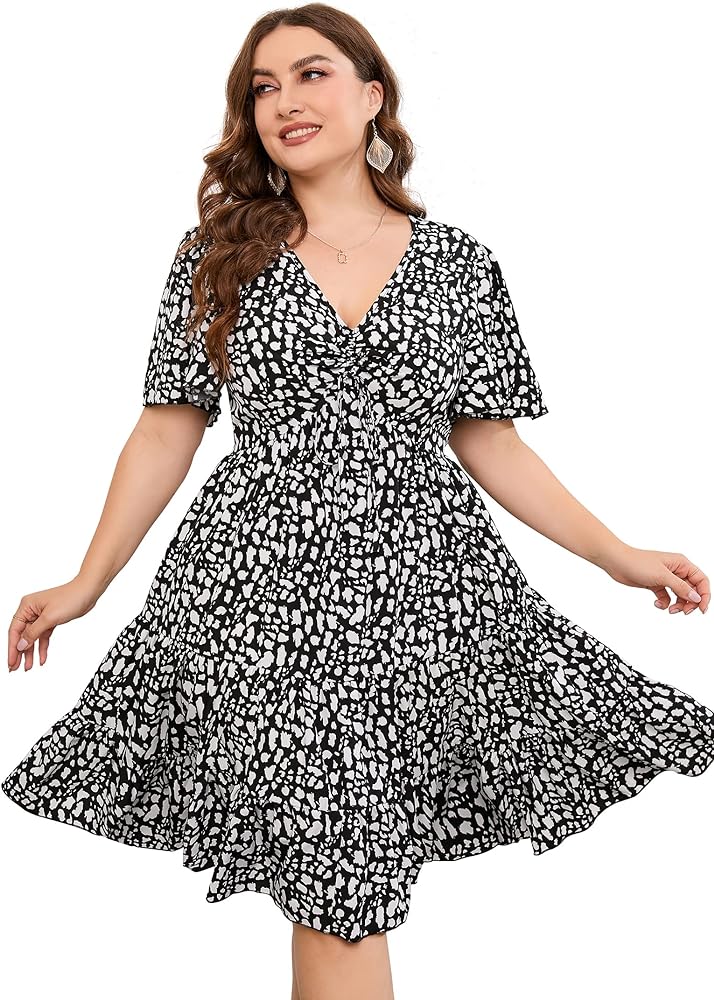 Plus Size dress Women's Plus Size Floral V-Neck Dress Short Sleeve Knee Length A-line Mini Dresses