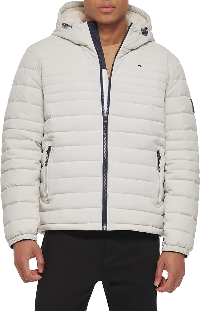 Tommy Hilfiger Men's Stretch Poly Hooded Packable Jacket With Sherpa Lining