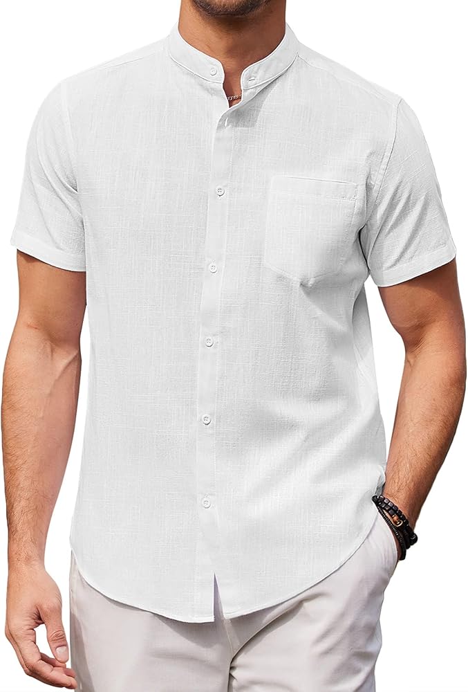 COOFANDY Men's Banded Collar Beach Shirt Cotton Linen Casual Button Down Short Sleeve Shirts