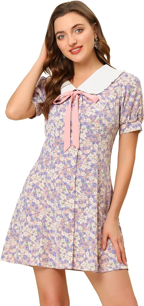 Allegra K Women's Peter Pan Collar Dress 2024 Floral Printed Button Bow Tie Short Sleeve Shirt Dresses