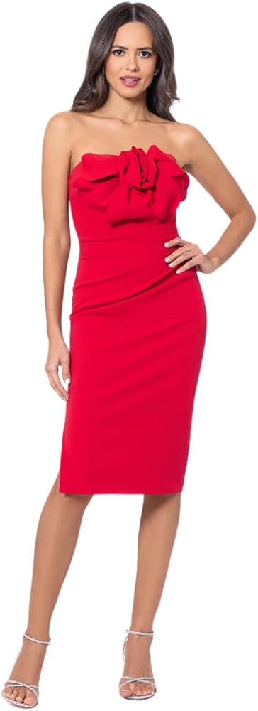 Betsy & Adam Women's Strapless Midi Dress with Front Bow Detail and Hidden Back Zipper