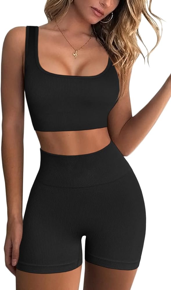 QINSEN Workout Sets for Women 2 Piece Seamless Ribbed Crop Tank High Waist Shorts Yoga Outfits