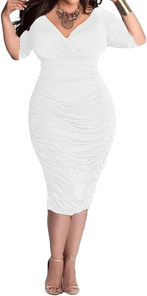 Yajedo Women's Plus Size Bodycon Sexy V Neck Short Sleeve Ruched Cocktail Midi Dresses