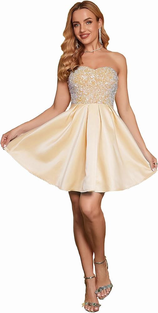 ANGEL FASHIONS Women's Strapless Sequin A-Line Sequin Elegant Short Prom Cocktail Dress