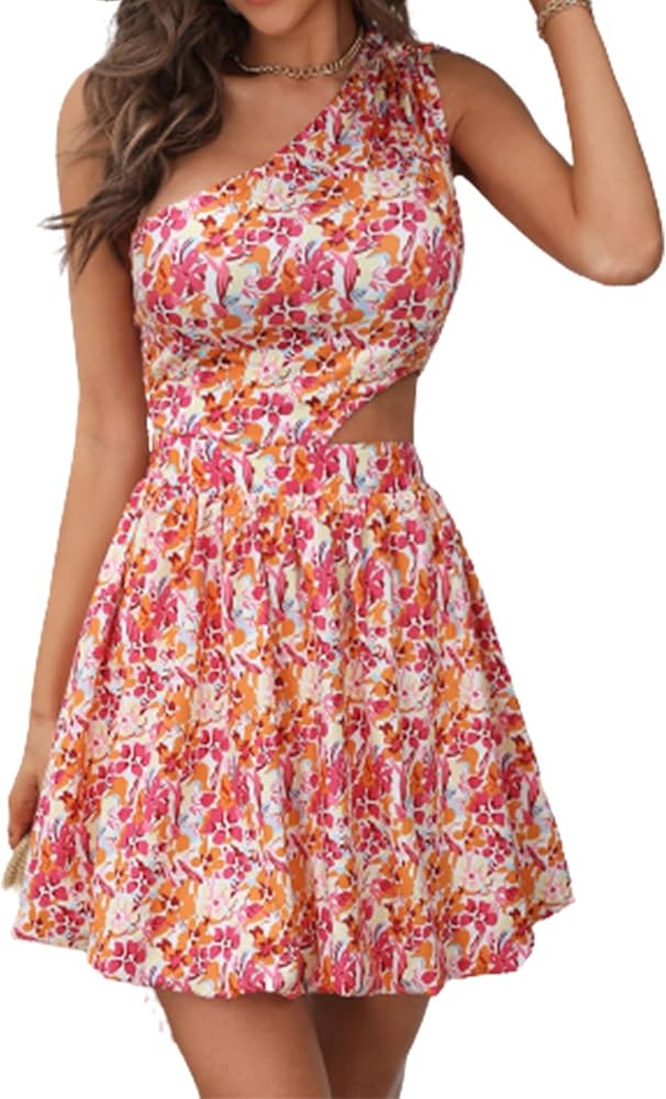 Verdusa Women's Cut Out Waist Sleeveless Floral A Line Swing Short Tank Dress