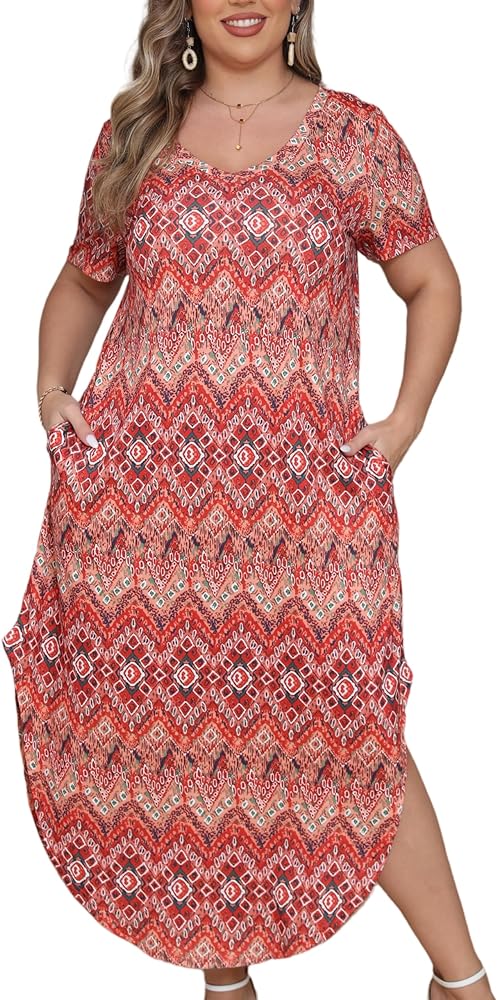 HBEYYTO Women's Plus Size Maxi Dresses V Neck Casual Short Sleeve Loose Pocket Slits Long Dress XL-5XL