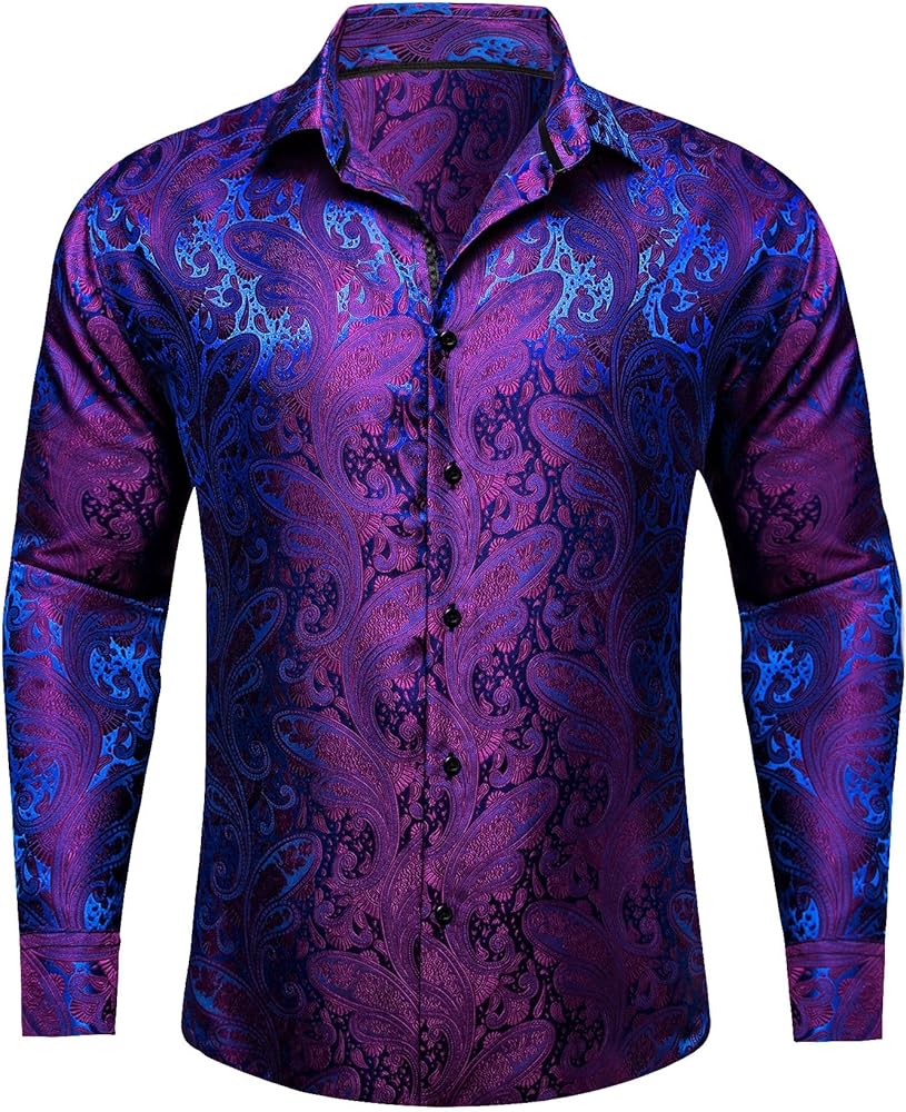 YOHOWA Men's Silk Shirt Paisley Flower Relaxed Fit Long Sleeve Woven Button Down Dress Shirts Formal Party Wedding