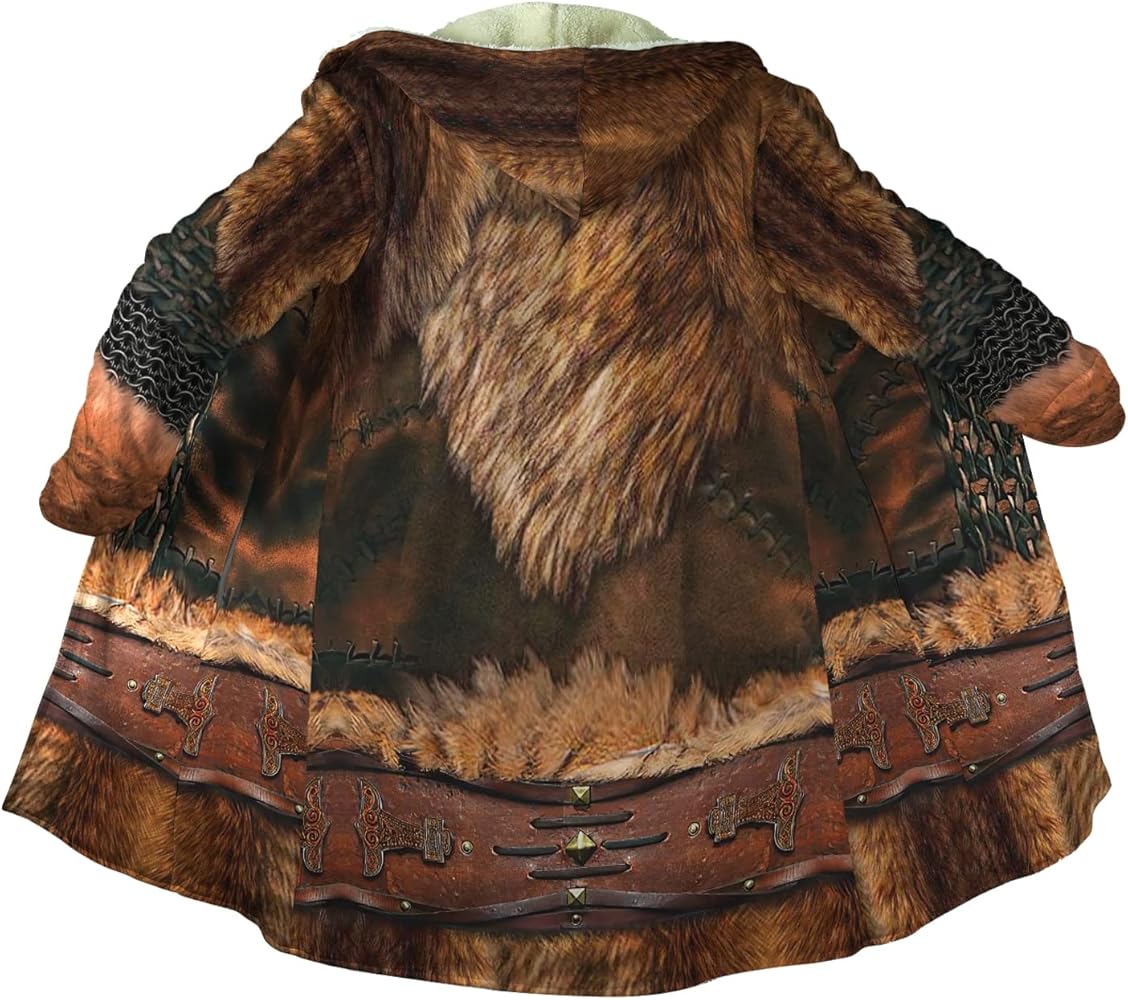 Viking Tattoo Imitation Cashmere Men Hooded Coat, Norse Winter Cloak 3D Printing Warrior Armor Thick Warm Jacket