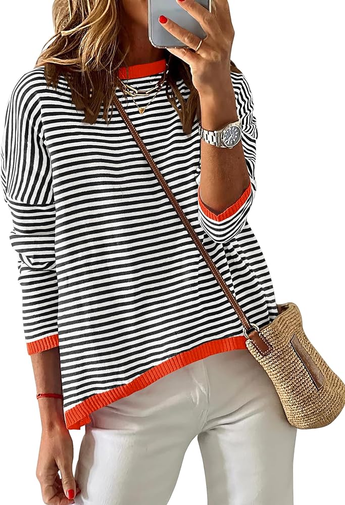 ZESICA Womens 2024 Fall Striped Sweaters Long Sleeve Crew Neck Shirts Color Block Lightweight Pullover Tops