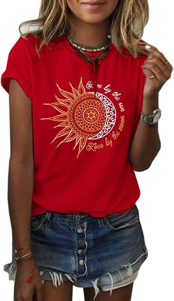 MaQiYa Womens Graphic Tees Summer Vintage Short Sleeve Cotton Moon and Sun Printed T Shirts Tops