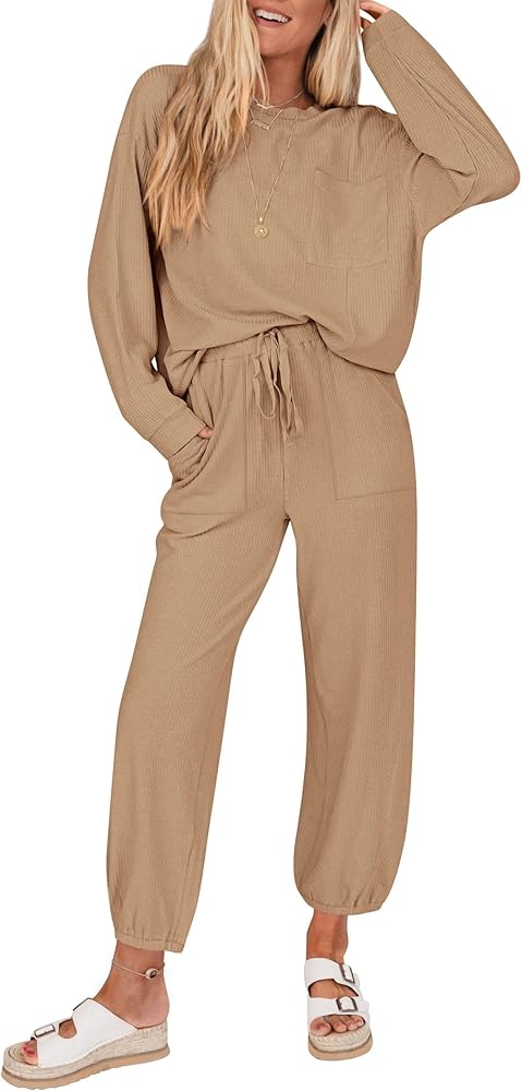 KIRUNDO Women's Fall 2 Piece Outfits Ribbed Knit Lounge Sets Long Sleeve Pullover Drawstring Jogger Pants Tracksuit Set