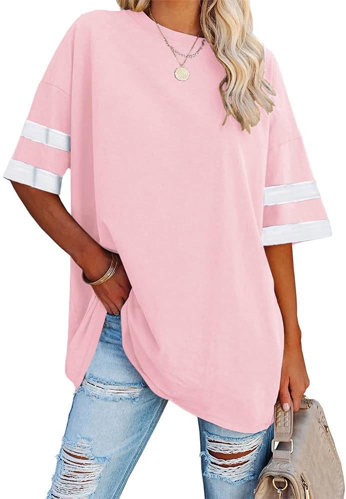 Fisoew Womens Oversized Tees Loose T Shirts Half Sleeve Crew Neck Color Block Cotton Tunic Tops