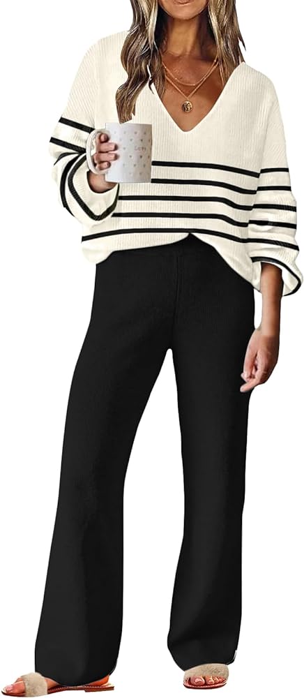 ETCYY NEW Womens 2 Piece Outfits Sweater Lounge Set Casual V Neck Knit Pajama Set Long Sleeve Top Wide Leg Pants Loungewear