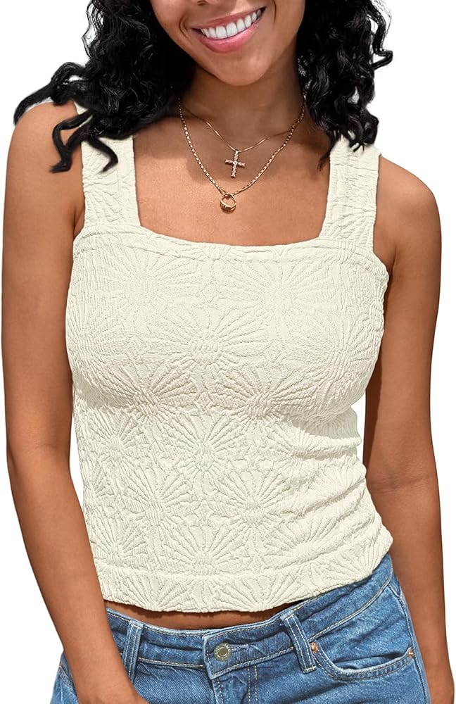 AUTOMET Crop Square Neck Tops for Women Trendy Summer Crochet Tank Top Vacation Outfits 2024 Cami Sleeveless Y2k Clothes