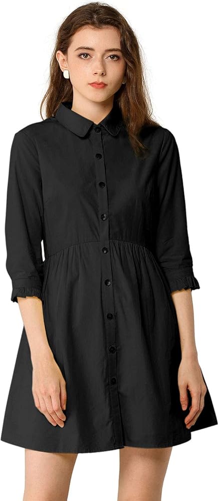 Allegra K Women's Casual Shirt Dress Ruched 3/4 Sleeve Button Down Work Mini Dresses