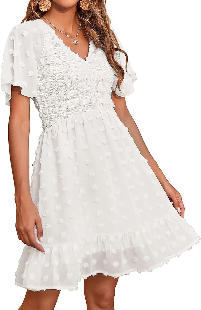 BTFBM Women's V Neck Smocked Short Sleeve Casual Dress Swiss Dot Swing Flowy Ruffle Hem Mini Beach Summer Dresses 2024