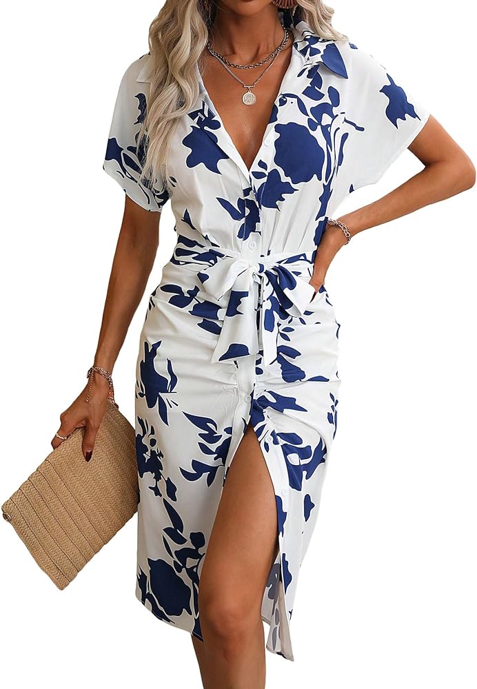 Milumia Women's Floral Print Button Up Belted Midi Dress Short Sleeve Collar Shirt Dresses