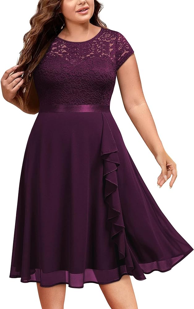 Miusol Women's Plus Size Ruffle Floral Lace Contrast Chiffon Formal Bridesmaid Party A-Line Cocktail Dress