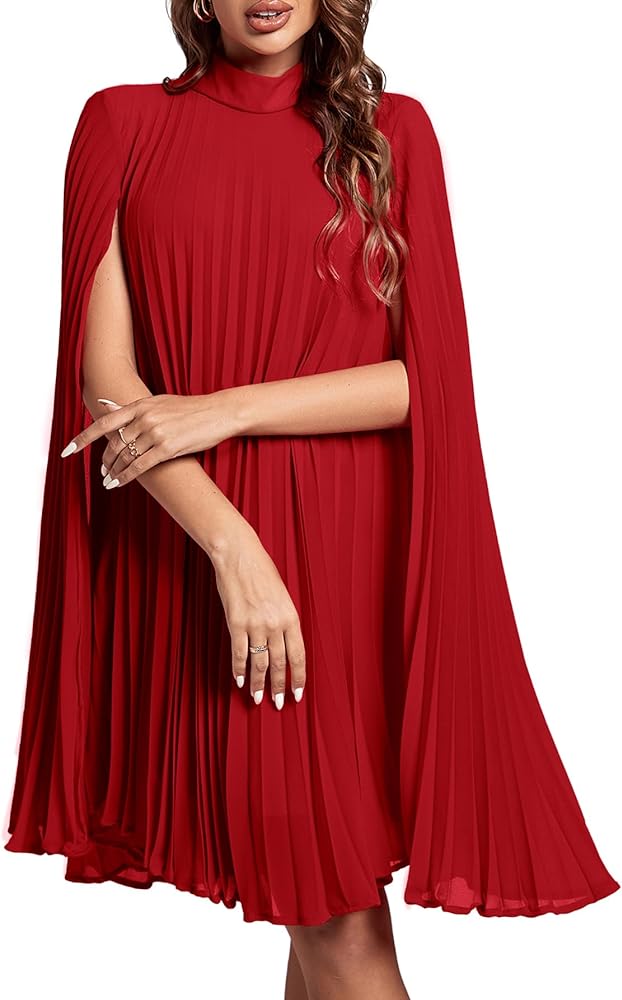 Rooscier Women's Mock Neck Cloak Sleeve Pleated Keyhole Back Flowy Party Midi Dress