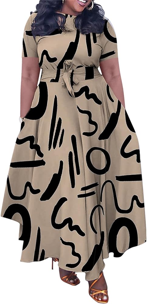 Casual Plus Size Maxi Dress for Women African Print Long Dress Short Sleeve Flowy Ruffle Dress with Belt 2024 Summer