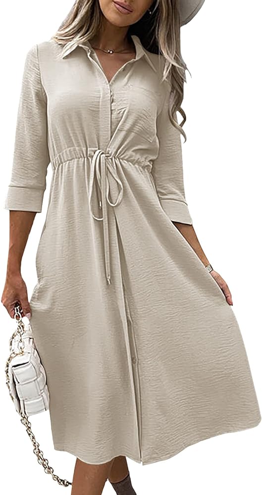 Febriajuce Women's 3/4 Sleeve Maxi Dress Casual Drawstring Belted Round Neck Plain Tie Waist Loose High Waist Long Dress