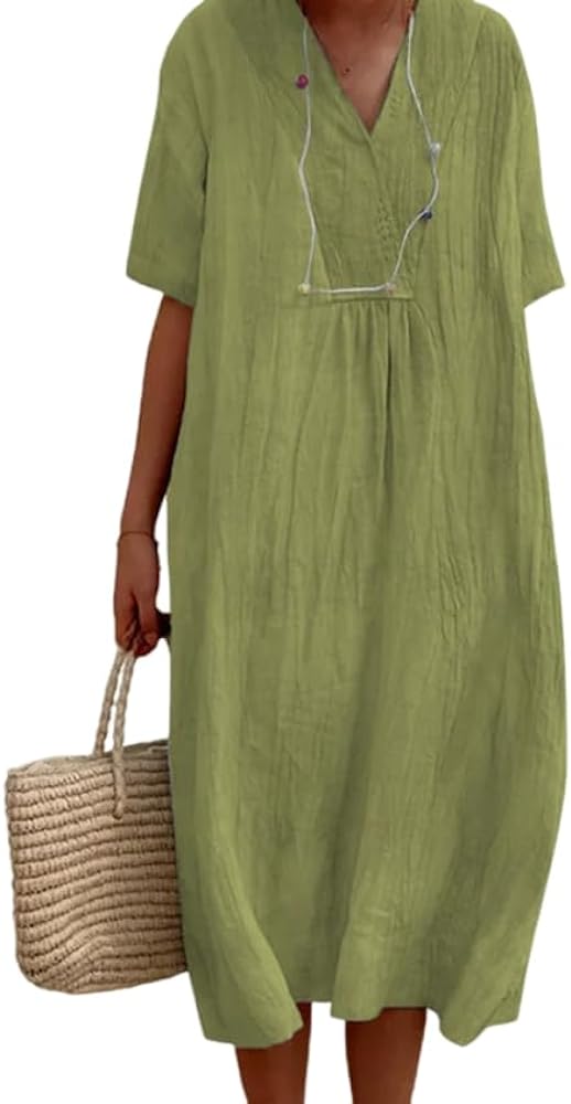 Akivide Loose Half Sleeve Linen Dress for Women Casual V Neck Solid Linen Midi Dress