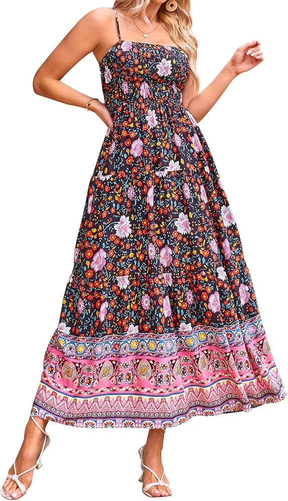 CFLONGE Summer Dresses for Women 2024 Beach Sleeveless Vintage Floral Boho Dress Adjustable Strap Long Sun Dress with Pockets