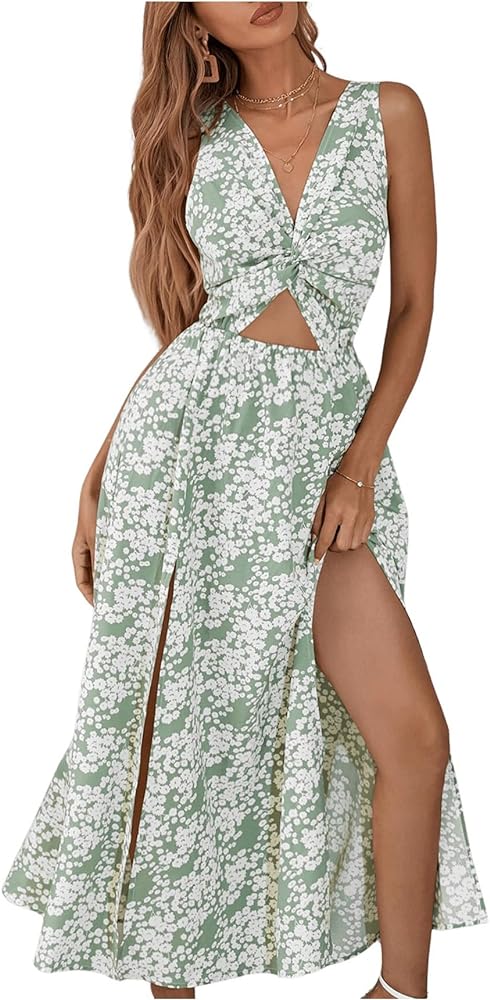 OYOANGLE Women's Boho Ditsy Floral Cut Out Twist V Neck Split Hem Tie Backless Sleeveless Summer Maxi Dress