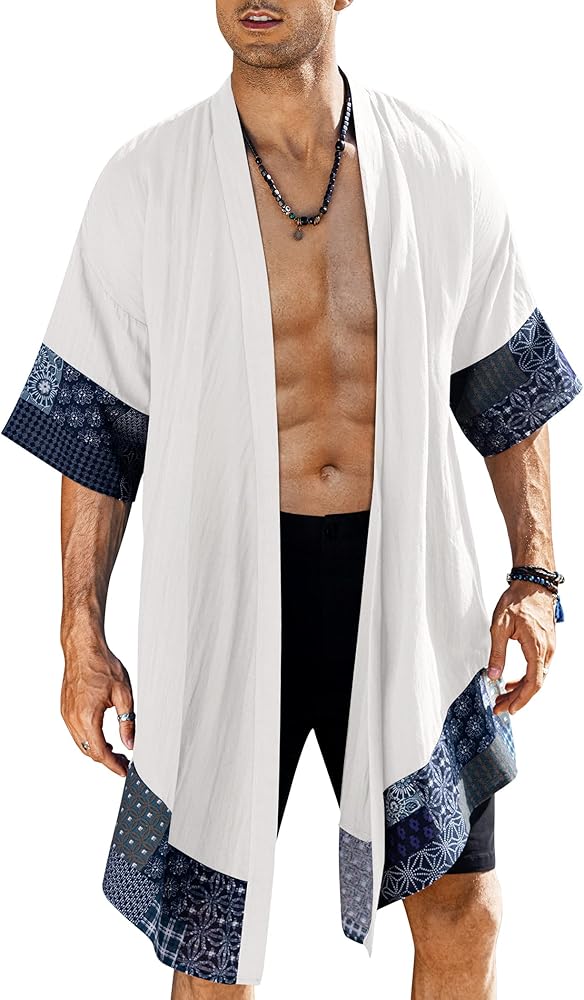 COOFANDY Men's Ruffle Shawl Collar Cotton Cardigan Long Kimono Jackets Open Front Drape Cape Coat