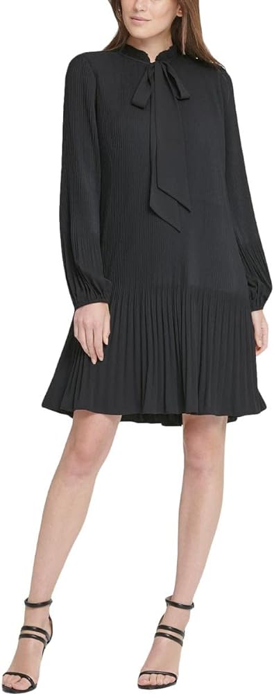 DKNY Women's Long Sleeve Tie Neck Pleated Dress