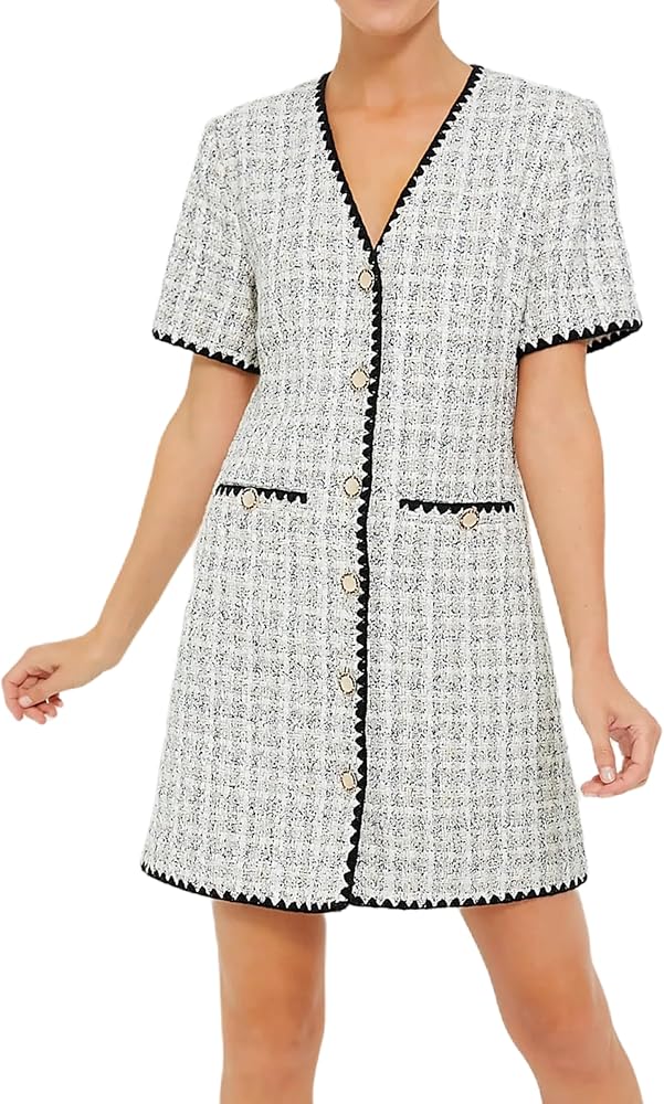 Tweed Dress Woman Buttoons Colorblock Plaid Shift Dress Short Sleeve Mini Dresses