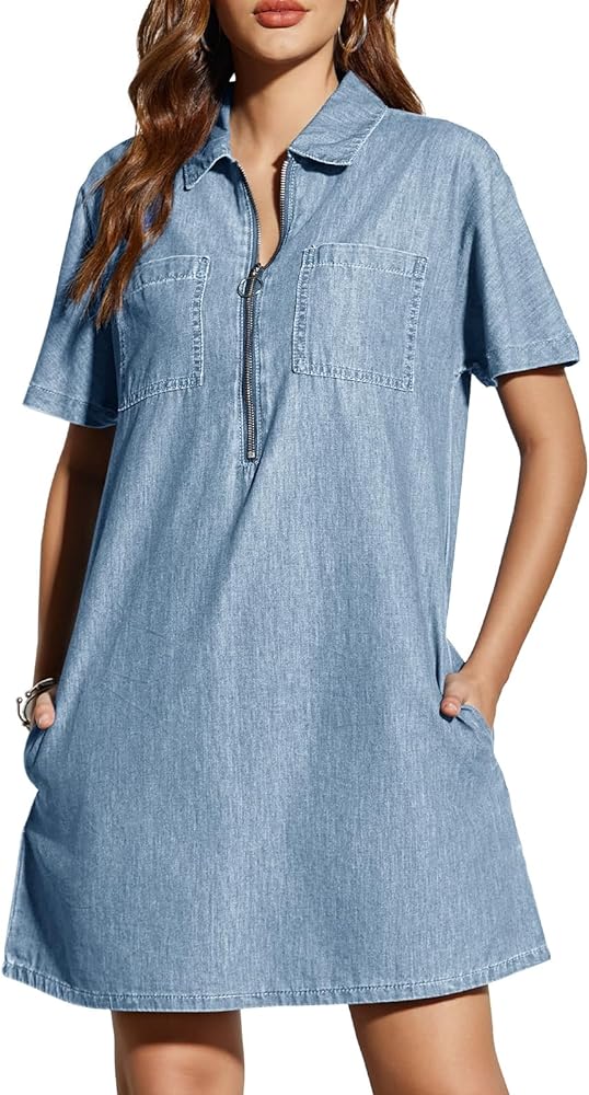 Fisoew Women’s Denim Mini Dress Short Sleeve Half Zip Summer Casual Loose Jean Shift Dress with Pockets