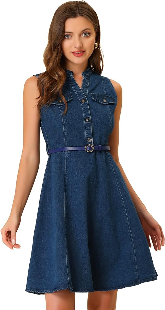 Allegra K Denim Dress for Women's Casual Belted Jean Sleeveless Shirt Dresses