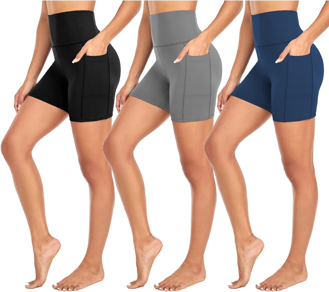 MOREFEEL 3 Pack High Waisted Biker Shorts for Women with Pockets – 5" Super Soft Workout Yoga Women's Novelty Shorts