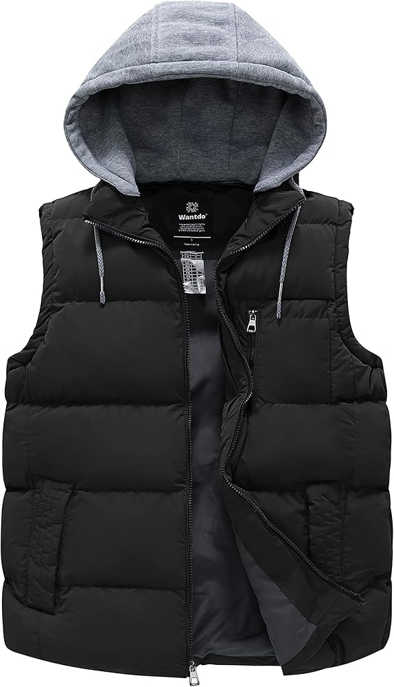 wantdo Men's Quilted Winter Vest Thicken Sleeveless Jacket with Detachable Hood